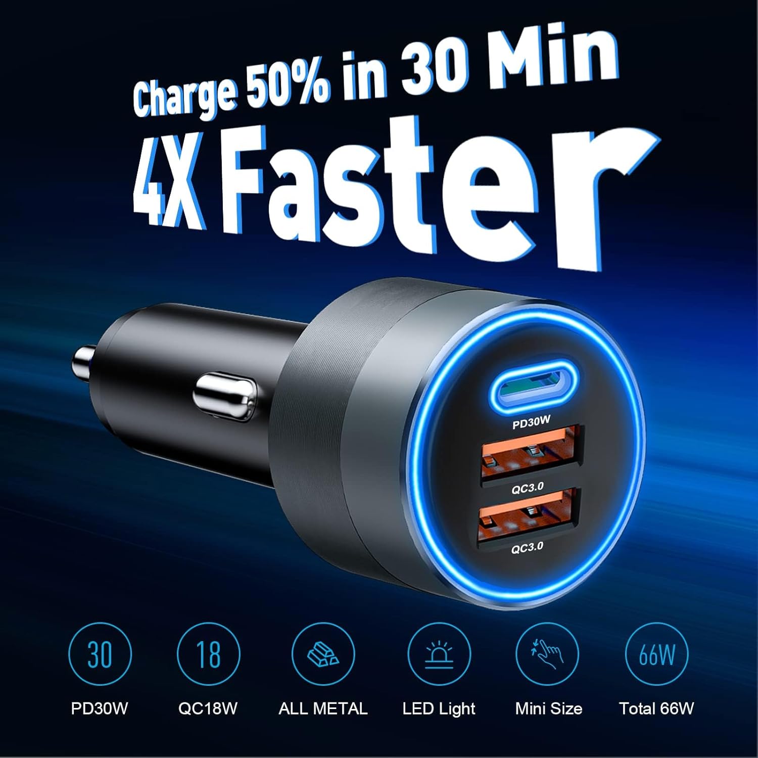 USB C Car Charger for iPhone 16, 66W Car Lighter Adapter USB Fast Car Charger PD 30W+Dual QC3.0[Metal Shell][Ambient Light] for iPhone 16 15 14 13 Pro Max Samsung Galaxy Note Google Pixel
