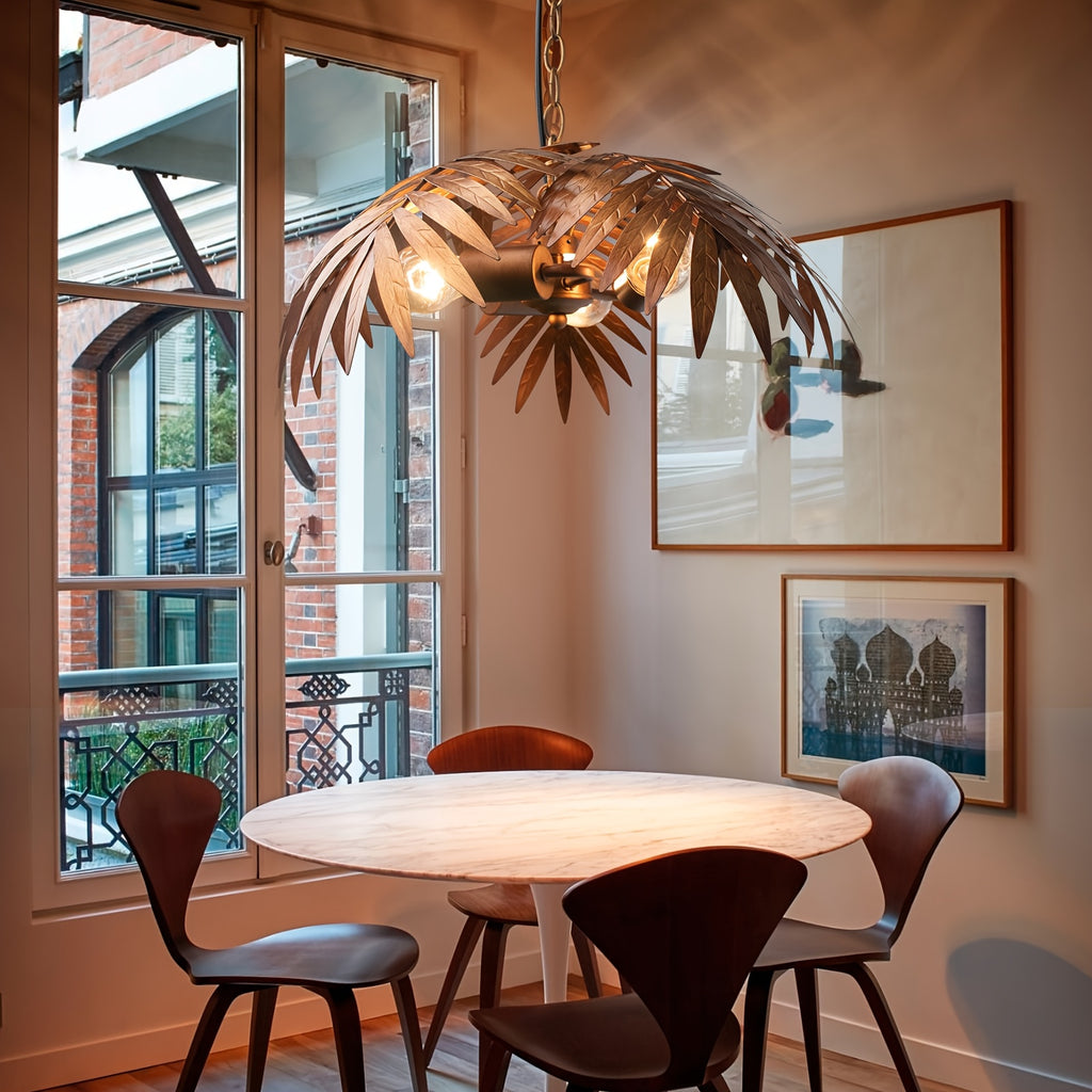 Vintage adjustable tropical palm branch pendant light - height-adjustable ceiling light fixture, with polished metal palm branches and leaves, semi-flush mount design, suitable for bedroom, hallway, bar (bulb not included)
