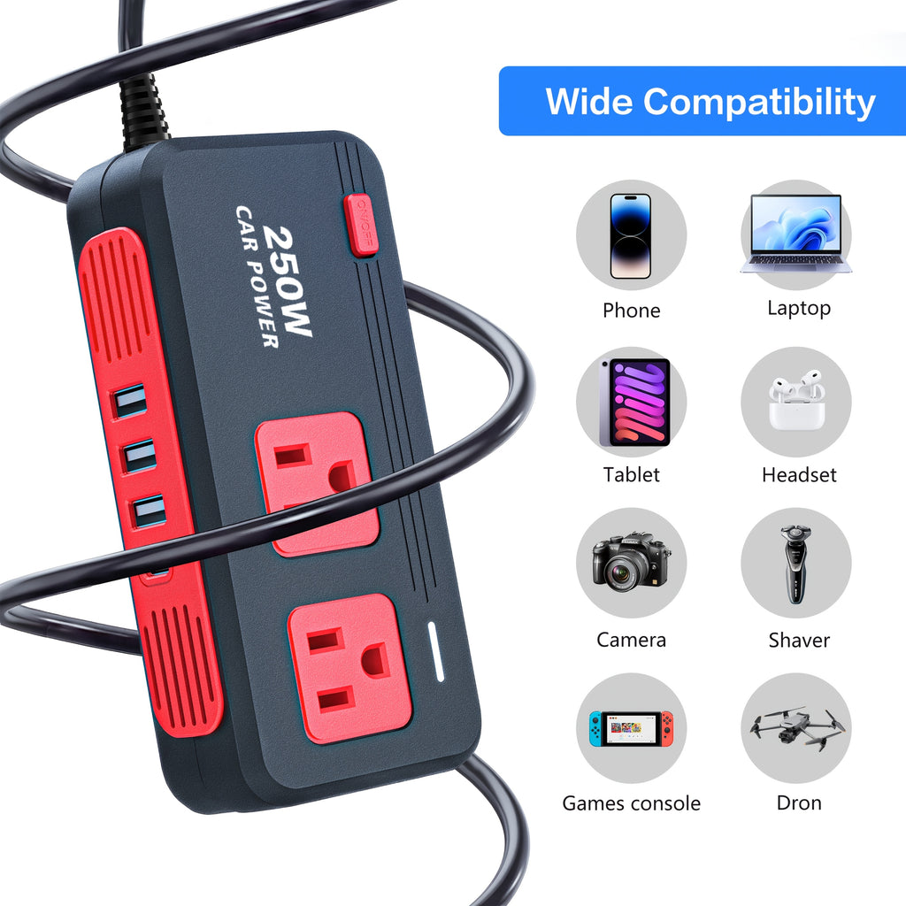 250W QC 3.0新款车载电源逆变器，配备3个USB接口与Type-C接口，快速充电器，12V直流转110V交流转换器，适用于公路旅行与露营，可用于电脑、汽车、卡车、房车，无需电池