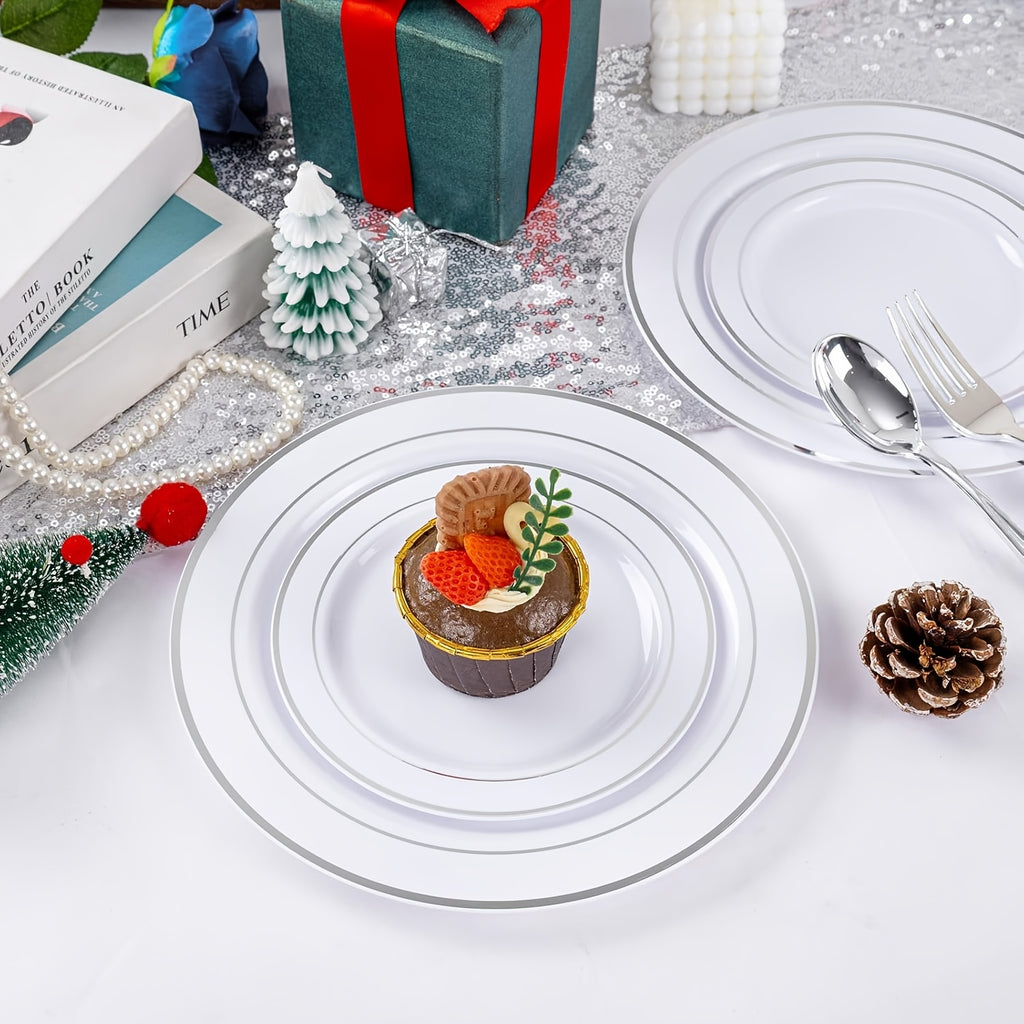 300-Piece Plastic Silver Plates – White & Silver Disposable Plate Set Includes 60 Dinner Plates, 60 Dessert Plates, 60 Forks, 60 Spoons, 60 Knives