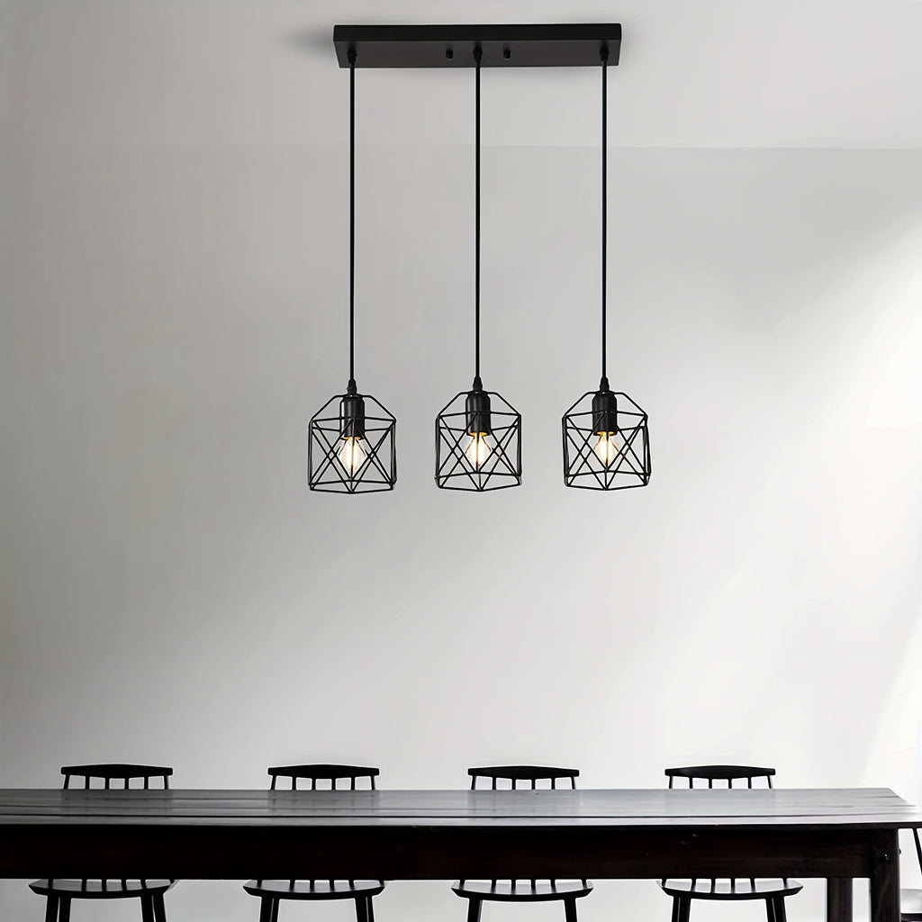 3-Light industrial pendant light, height adjustable up to 43.3 inches chandelier, black metal geometric cage pendant light, ceiling lighting fixture, suitable for dining room, kitchen island, living room or bedroom, restaurant, hotel, home decoration