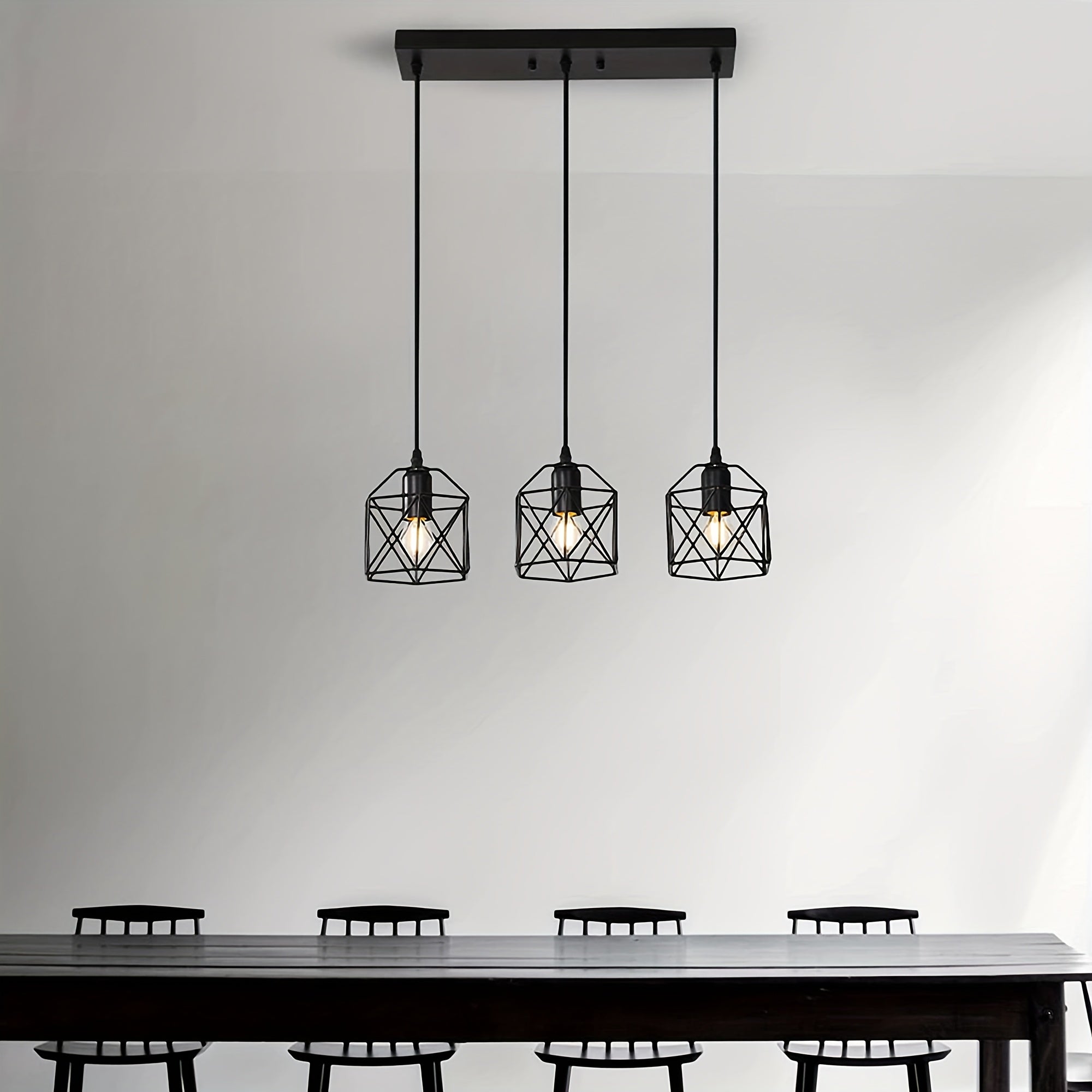 3-Light industrial pendant light, height adjustable up to 43.3 inches chandelier, black metal geometric cage pendant light, ceiling lighting fixture, suitable for dining room, kitchen island, living room or bedroom, restaurant, hotel, home decoration