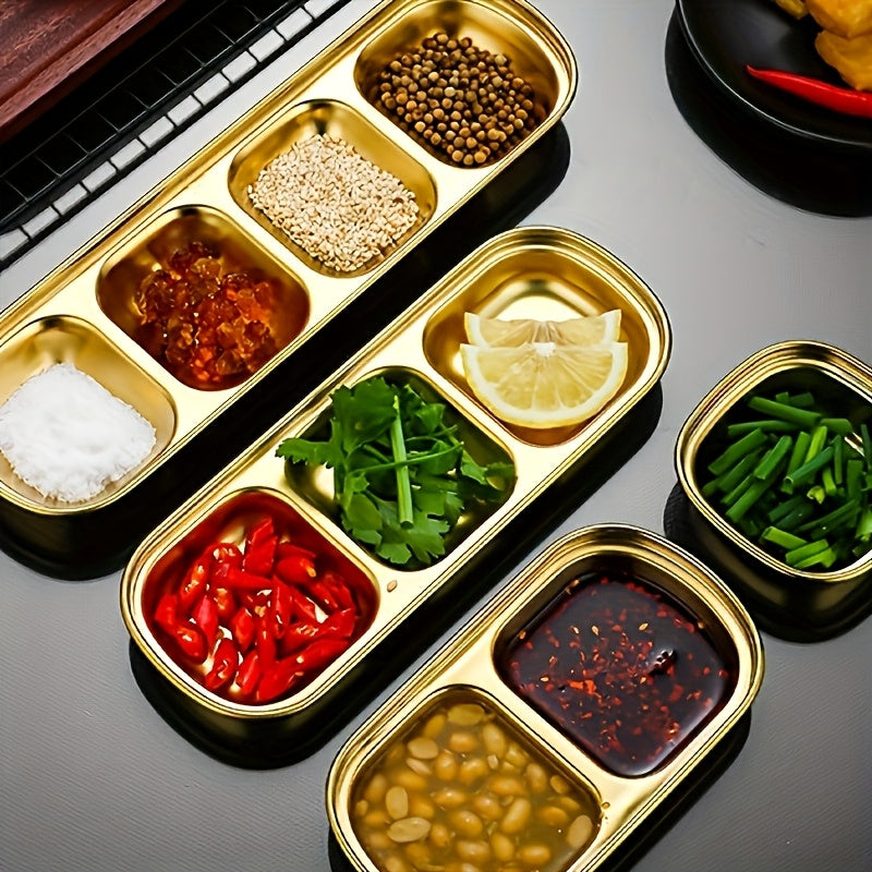1Pc Golden Compartment Stainless Steel Sauce Plate, Dinner Plate, Salt Vinegar Sugar Seasoning Dipping Bowl