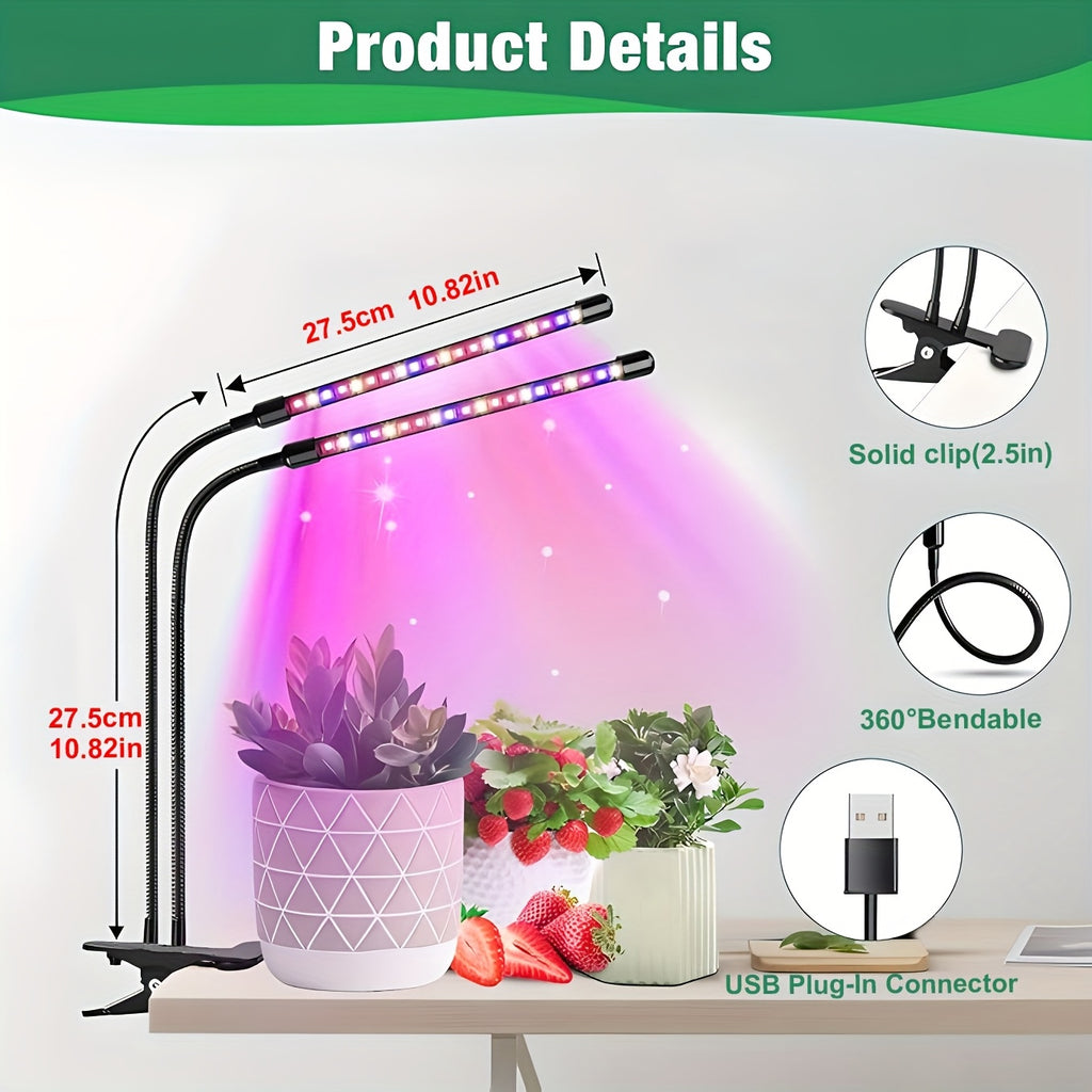 Dual-head round tube clip-on indoor plant grow light, three-color dimming (white/red/blue), with 3/9/12 hour timer function, allowing plants to enjoy sunlight indoors at night as well. Ideal birthday gift for gardening enthusiasts