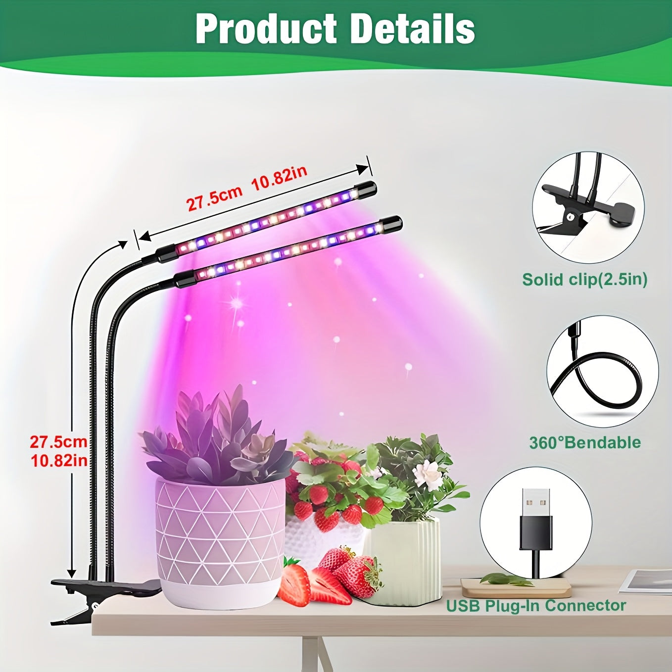 Dual-head round tube clip-on indoor plant grow light, three-color dimming (white/red/blue), with 3/9/12 hour timer function, allowing plants to enjoy sunlight indoors at night as well. Ideal birthday gift for gardening enthusiasts