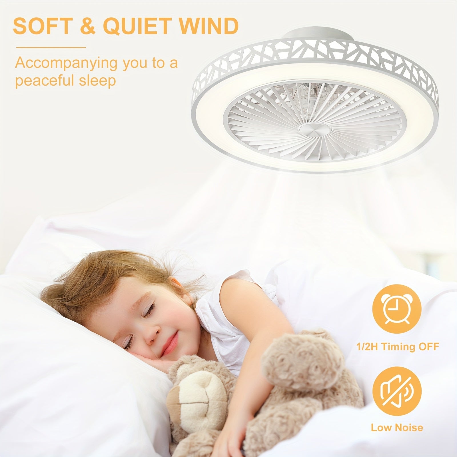 Inch Modern Slim Ceiling Fan, 6 Speed, Reversible Bladeless Design, 41W Dimmable LED Fan Light, Quiet Timing Lighting for Bedroom, Living Room and Office