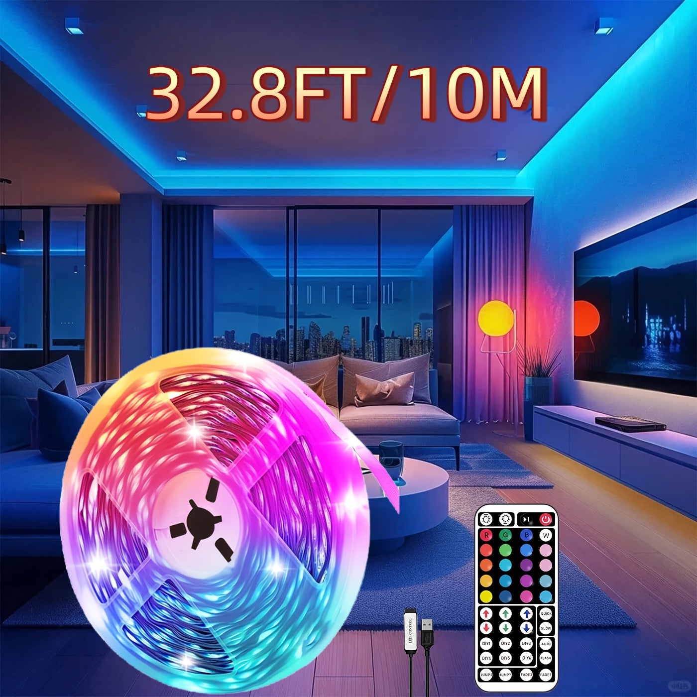 3.28英尺-100英尺 RGB 灯带，带遥控器，可调节颜色变化，柔性设计，适用于卧室、厨房、天花板和房间氛围照明 - 节能