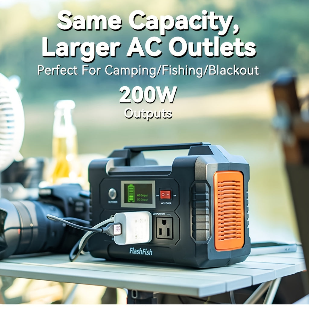 Flashfish 便攜式電源站鋰電池組，120W/150W/200W 便攜式太陽能發電機站，60W/100W 太陽能板可選，151Wh 鋰電池備用電源，具備 110V AC USB DC 輸出，適用於家庭緊急情況、戶外露營、露營車、釣魚