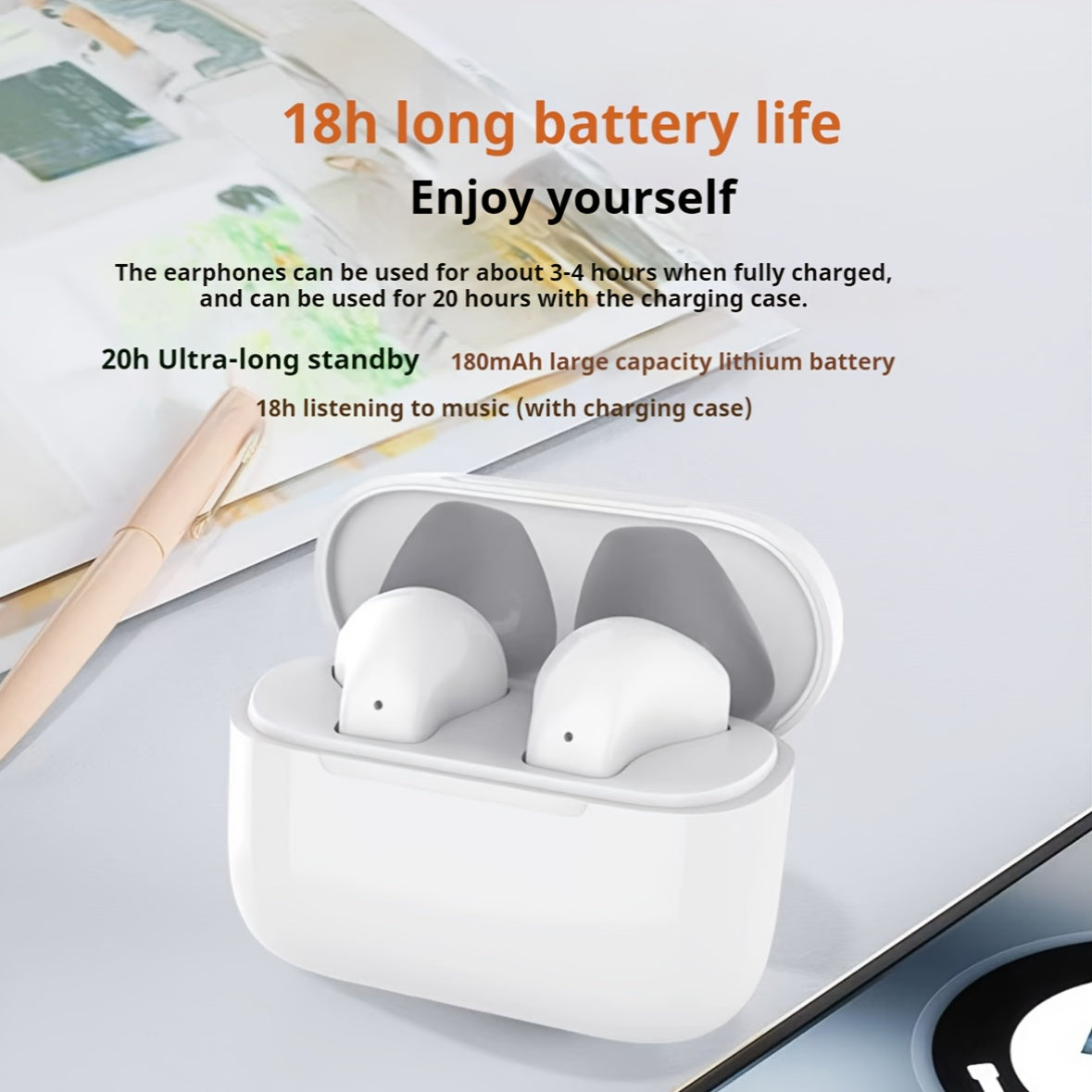 1个Hifi 9D立体声无线耳机，动漫卡通设计，触控操作，轻量塑料材质，半开放式后盖耳机，通话清晰&运动适用，兼容iPhone&安卓手机，可充电电池，真无线耳机