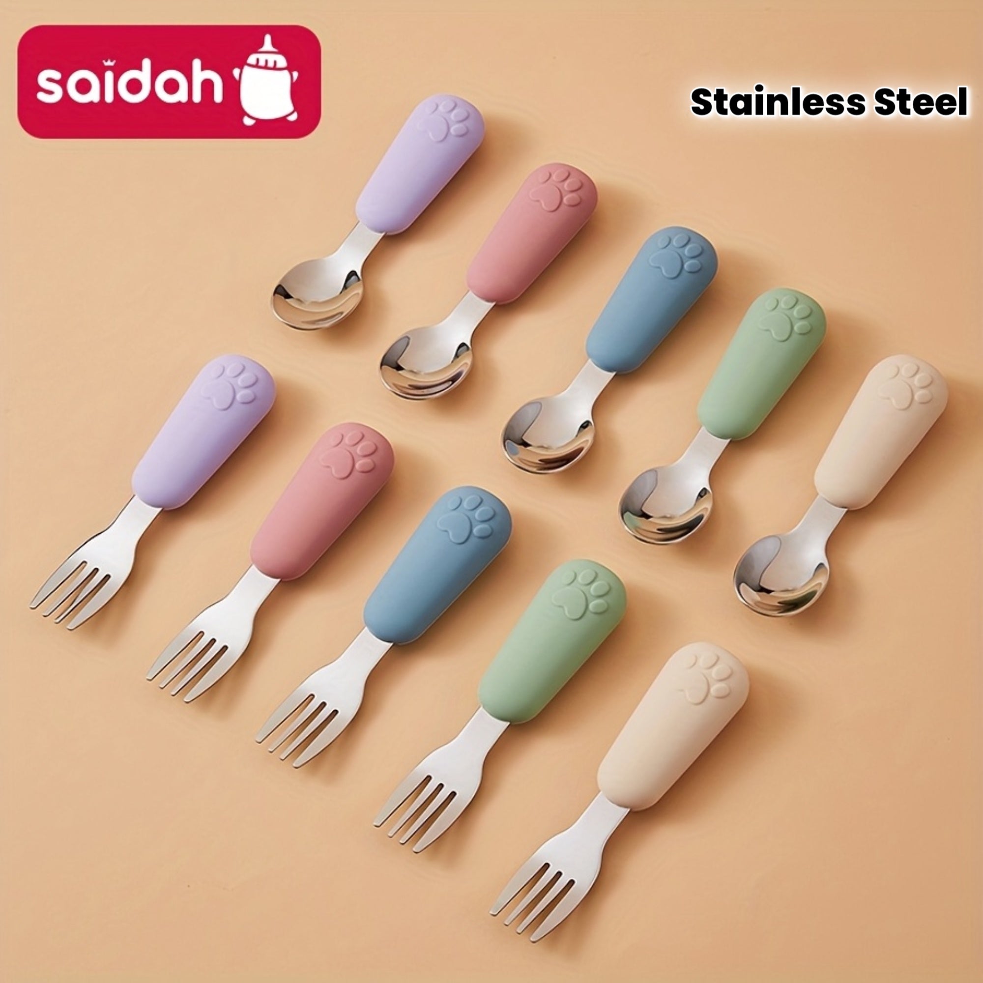 1/2 Set Bear Paw Shape Children's Short Handle Fork & Spoon Set – 304 Stainless Steel Non-Slip Grip | Baby & Toddler Self-Feeding Training Cutlery, Learning Meal Training Utensils