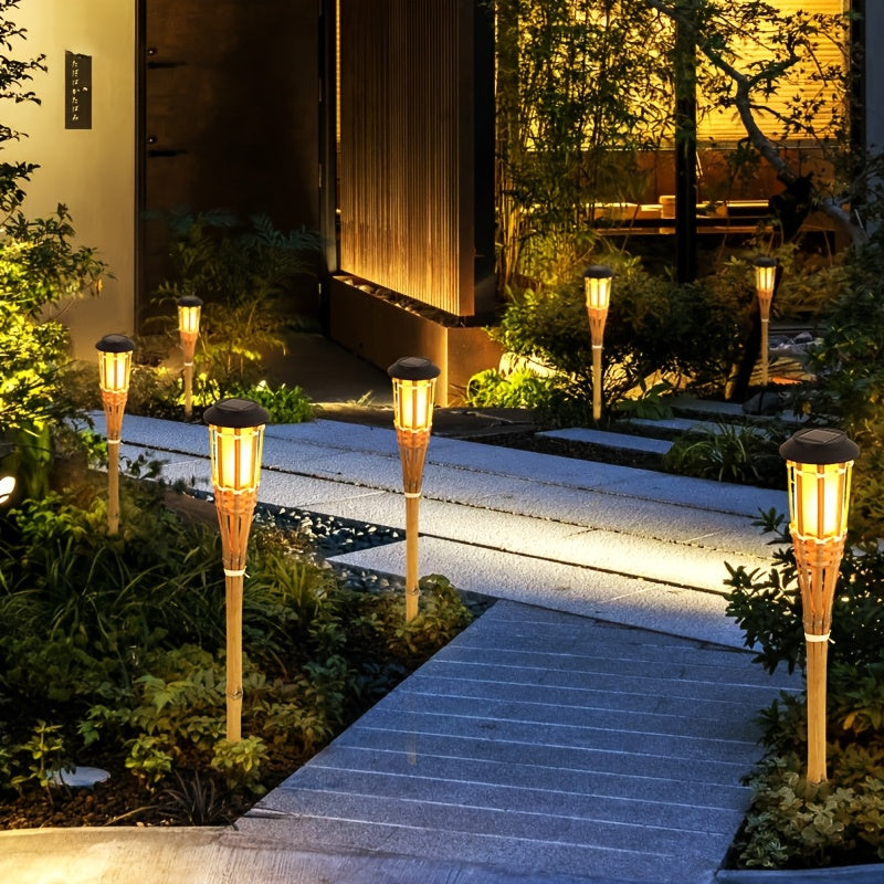 Solar Bamboo Craft Lawn Light, Warm Cozy Light, Flickering Flame Effect, Outdoor Lighting, Bamboo Ground Insert Torch Light, for Courtyard, Garden Path, Landscape Decoration