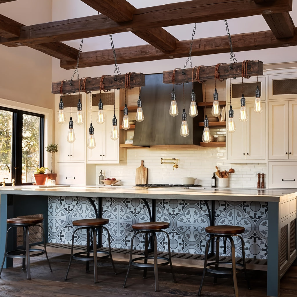 8,6,4-Light Rustic Chandelier for Dining Room, Farmhouse Wood Pendant Light, Height Adjustable, Rectangular Pendant Light for Kitchen Island, Dining Room, Bar, Pool Table, Cabin