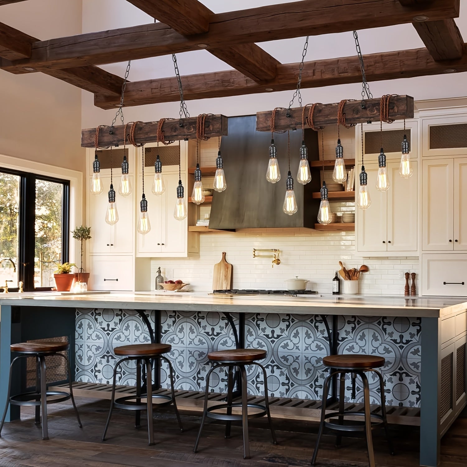 8,6,4-Light Rustic Chandelier for Dining Room, Farmhouse Wood Pendant Light, Height Adjustable, Rectangular Pendant Light for Kitchen Island, Dining Room, Bar, Pool Table, Cabin