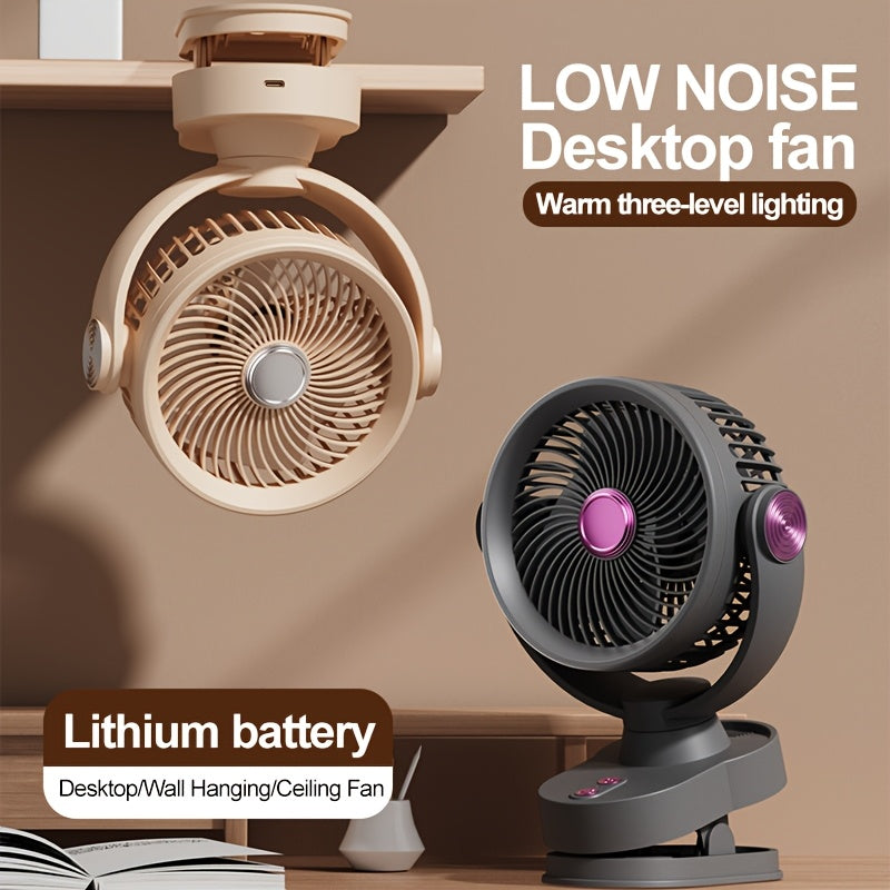 Brushless Motor Clip Fan, Rechargeable 2-in-1 Fan with Lighting & Oscillating Function, Quiet Circulating Desktop Fan with Night Light for Office Dorm Bedroom