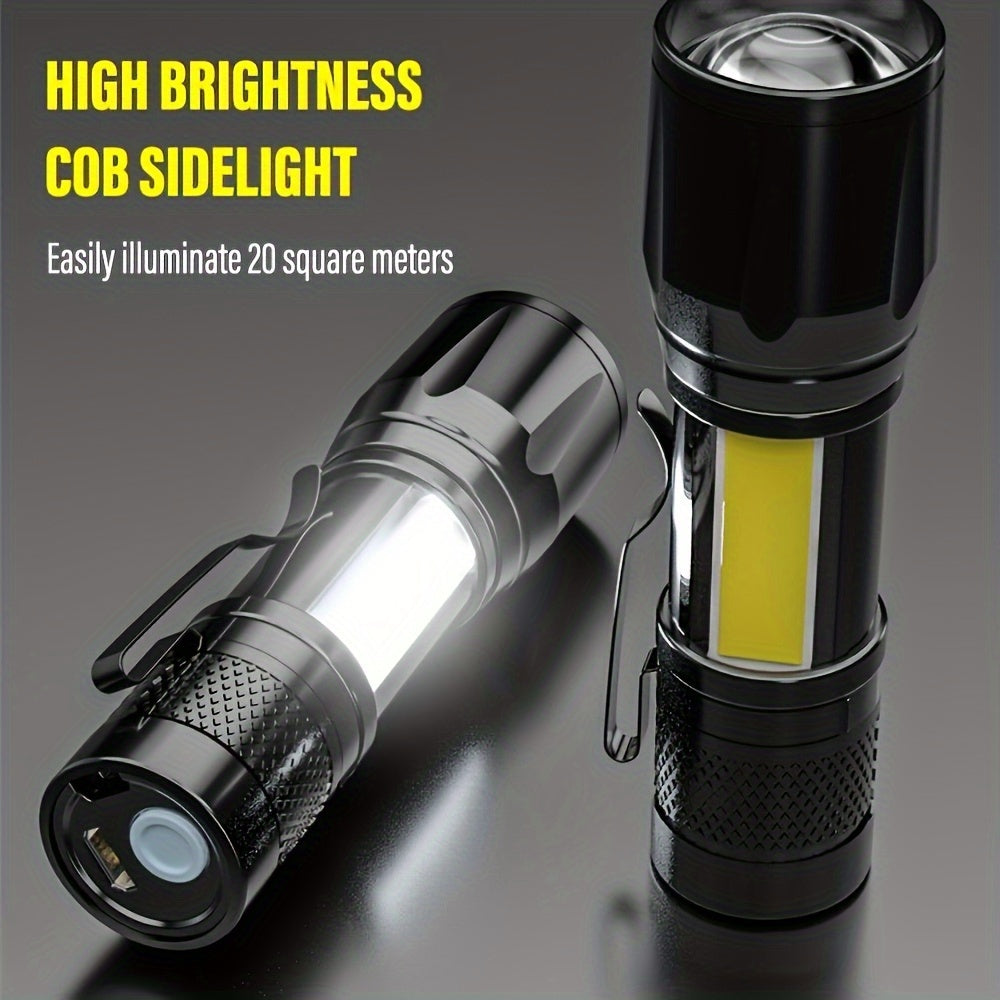 High Bright Mini Handheld Flashlight Rechargeable Camping Light Portable LED Light with High Bright COB Side Light Multiple Lighting Modes Retractable Zoom for Outdoor Camping Fishing