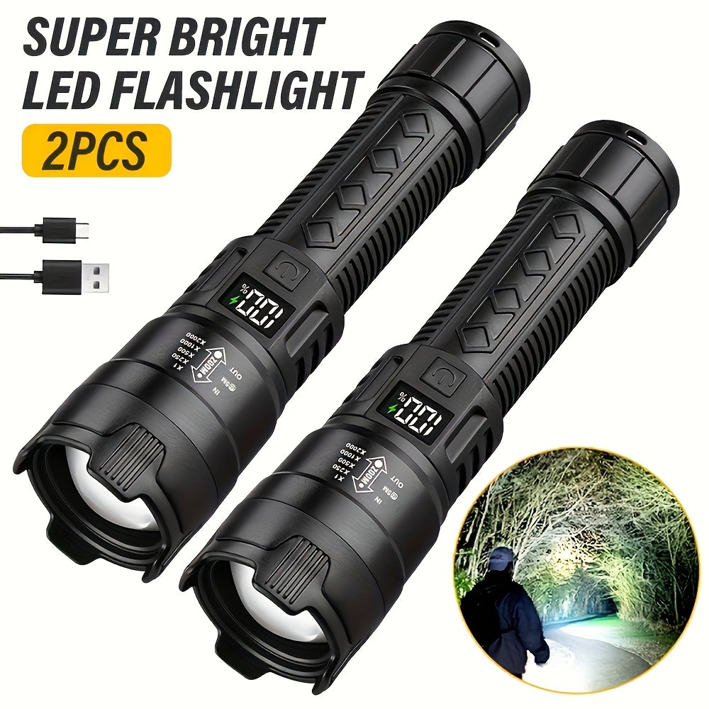 2Pcs Set Type-C USB Rechargeable LED Flashlights, Compact Non-Slip Design, Lightweight Material, Zoomable Focus & Battery Indicator, 3 Lighting Modes High-Low-Strobe, Ideal for Outdoor Activities Camping Fishing