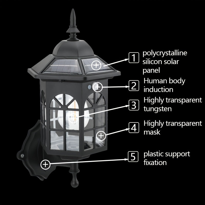 1-Pack Solar Outdoor Wall Light, Vintage European Medieval Style, Silicon Solar Panel, 1200mAh Lithium Battery, Motion Human Body Induction, 3 Modes, Semi-Flush Mount (Removable), Plastic Lampshade, Automatic Lighting