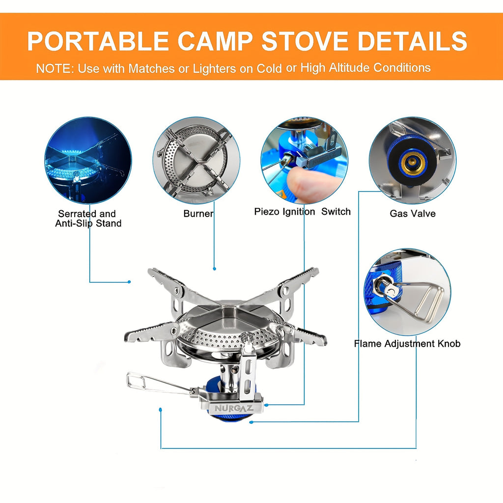 Camping Stove with Capacitive Ignition, Storage Case Included, Portable Foldable Stove, Ideal for Outdoor Backpacking, Hiking and Picnic