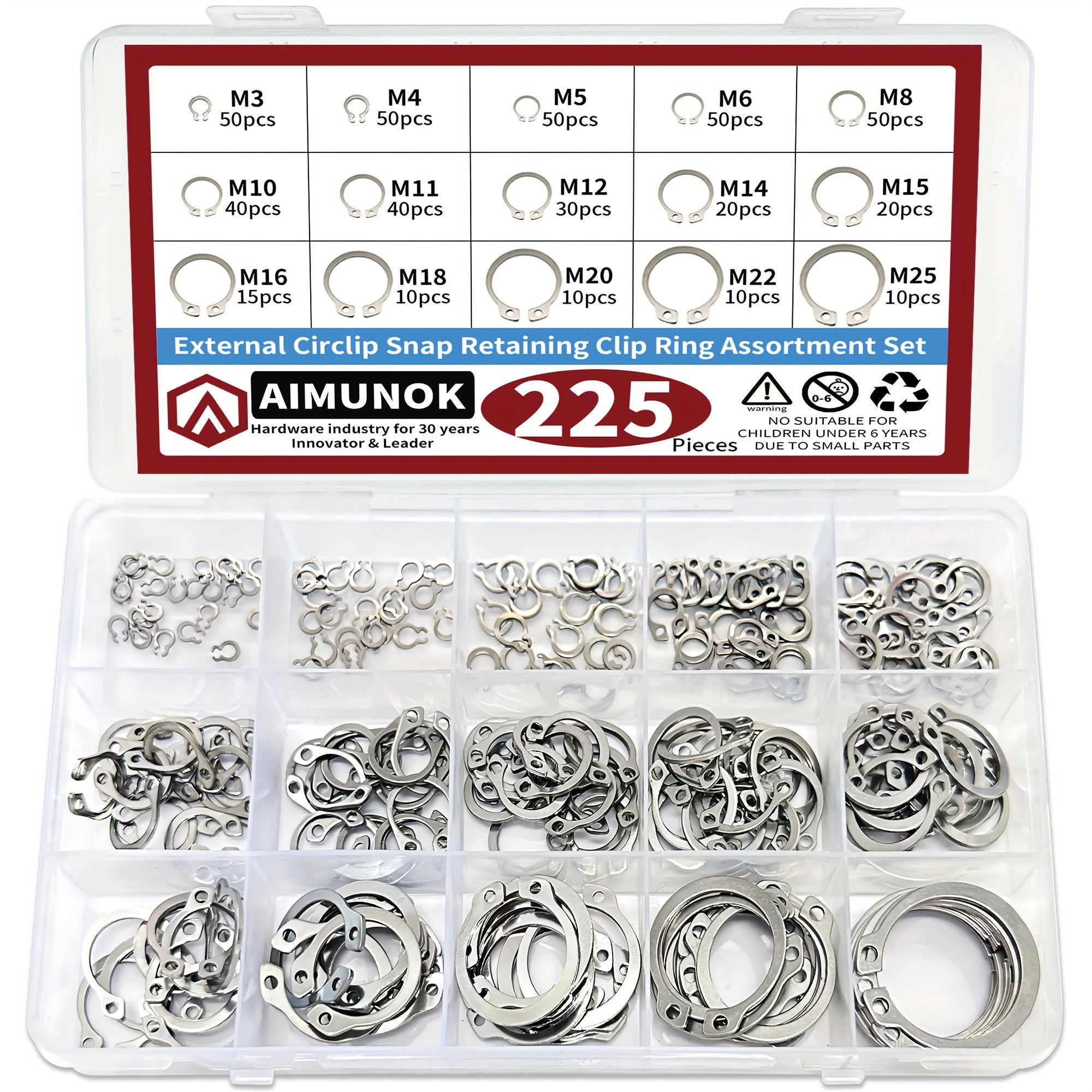225-Piece External Retaining Ring Assortment, Includes 15 Sizes, Made of 304 Stainless Steel, Fits Shafts from M3 to M25.