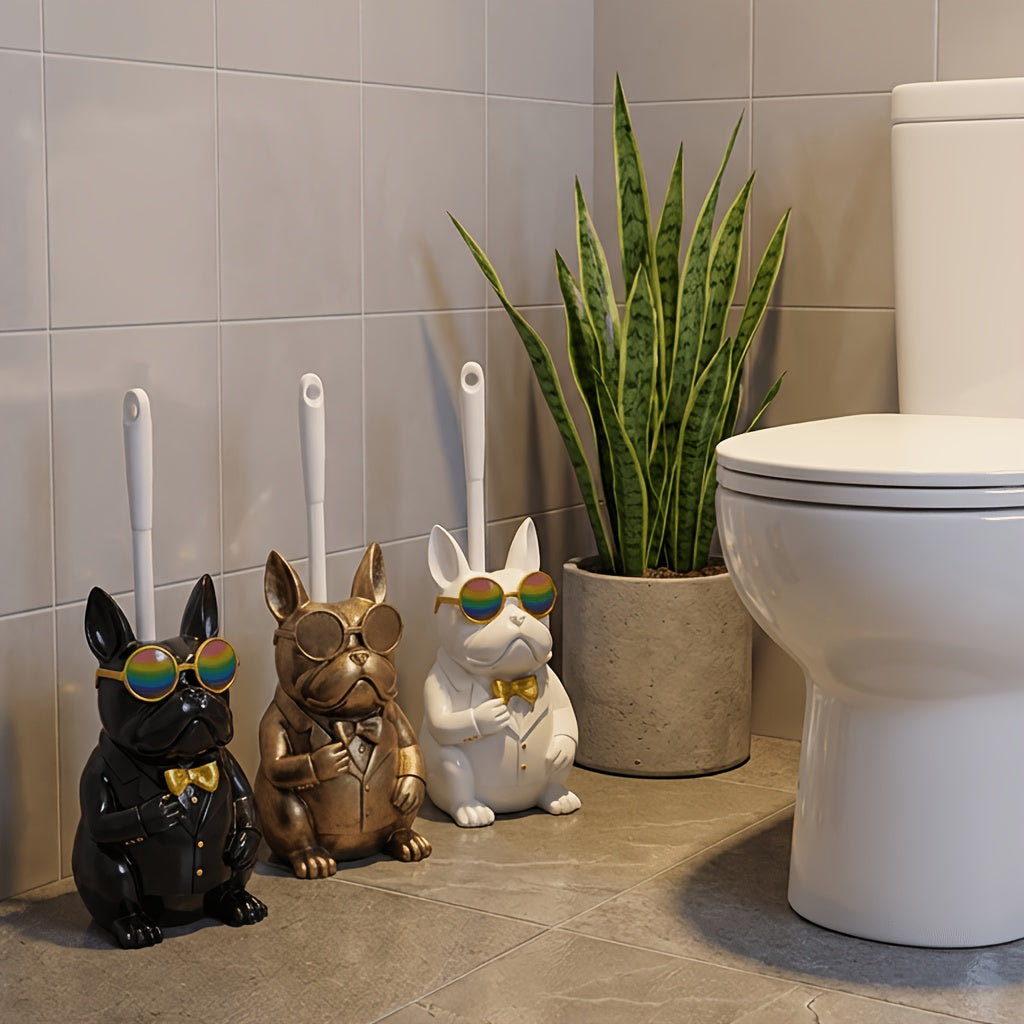 Original Antiqued Copper Dog Sculpture Toilet Brush Holder - Resin Animal Toilet Brush Holder & Compact Plastic Toilet Brush, Bathroom Accessory Set