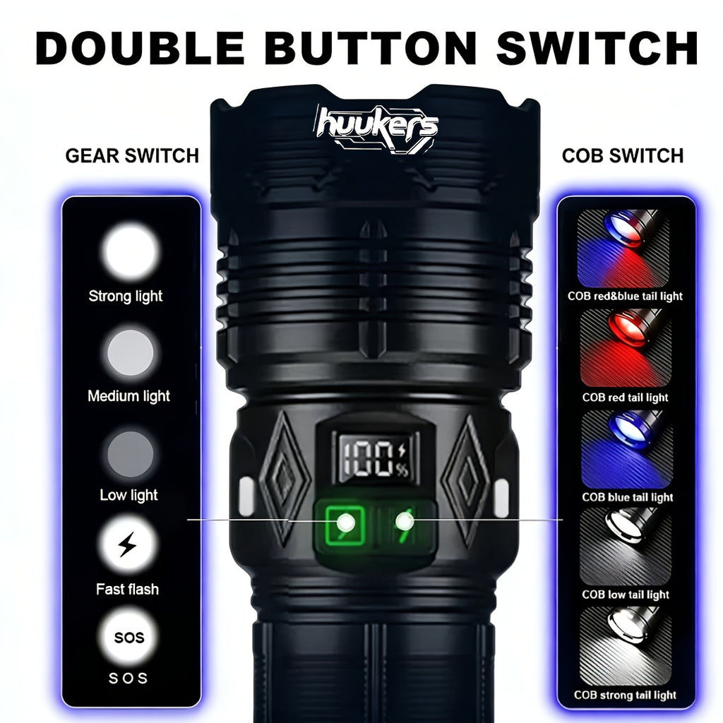 1-Pack Black High Lumen Tactical Flashlight, 11 Lighting Modes, 3000 Lumens, Red & Blue Lights, Includes Shoulder Strap, Digital Display Screen, Adjustable Zoom Beam, Ideal for Exploration