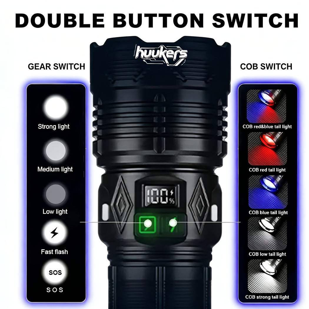 1-Pack Black High Lumen Tactical Flashlight, 11 Lighting Modes, 3000 Lumens, Red & Blue Lights, Includes Shoulder Strap, Digital Display Screen, Adjustable Zoom Beam, Ideal for Exploration
