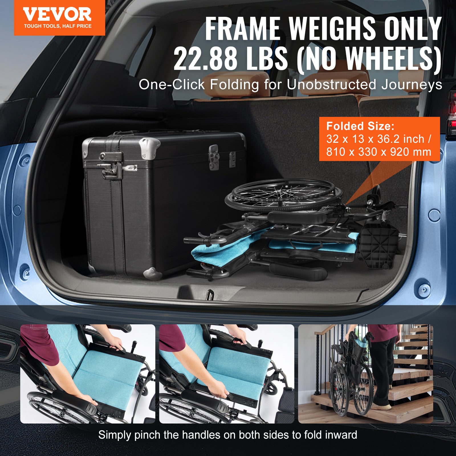 VEVOR 轮椅 铝合金 超轻型 18英寸宽座椅 250磅