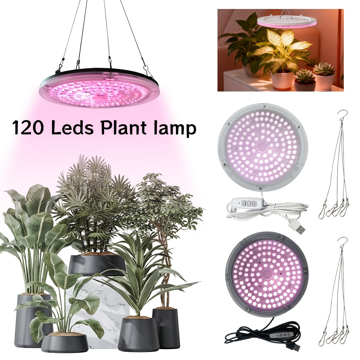 120 LED Full Spectrum Plant Grow Light, 2/4/8H Timer, 4 Dimmable Brightness Levels, 7.08 Inch Large Disc Plant Light with Hanging Chain, USB 5V Powered, Ideal for Promoting Growth of Small & Medium Indoor Plants
