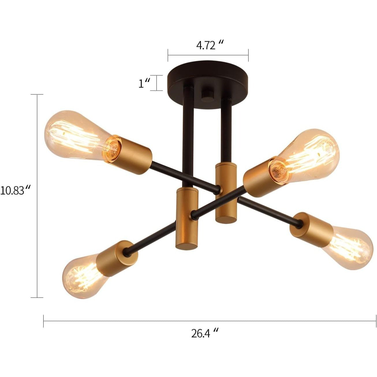 Modern Black Gold Soviet Sputnik Pendant Light, 4-Light Semi-Flush Mount Metal Pendant Light, Suitable for Bedroom, Kitchen, Hallway, Entryway and Office