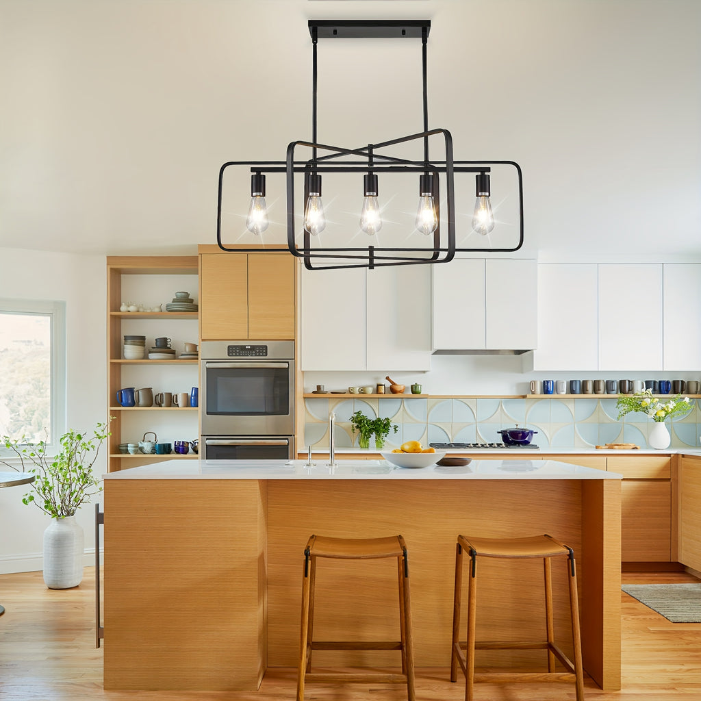 Modern farmhouse style 5-light pendant light, 34-inch rotatable rectangular kitchen island pendant light