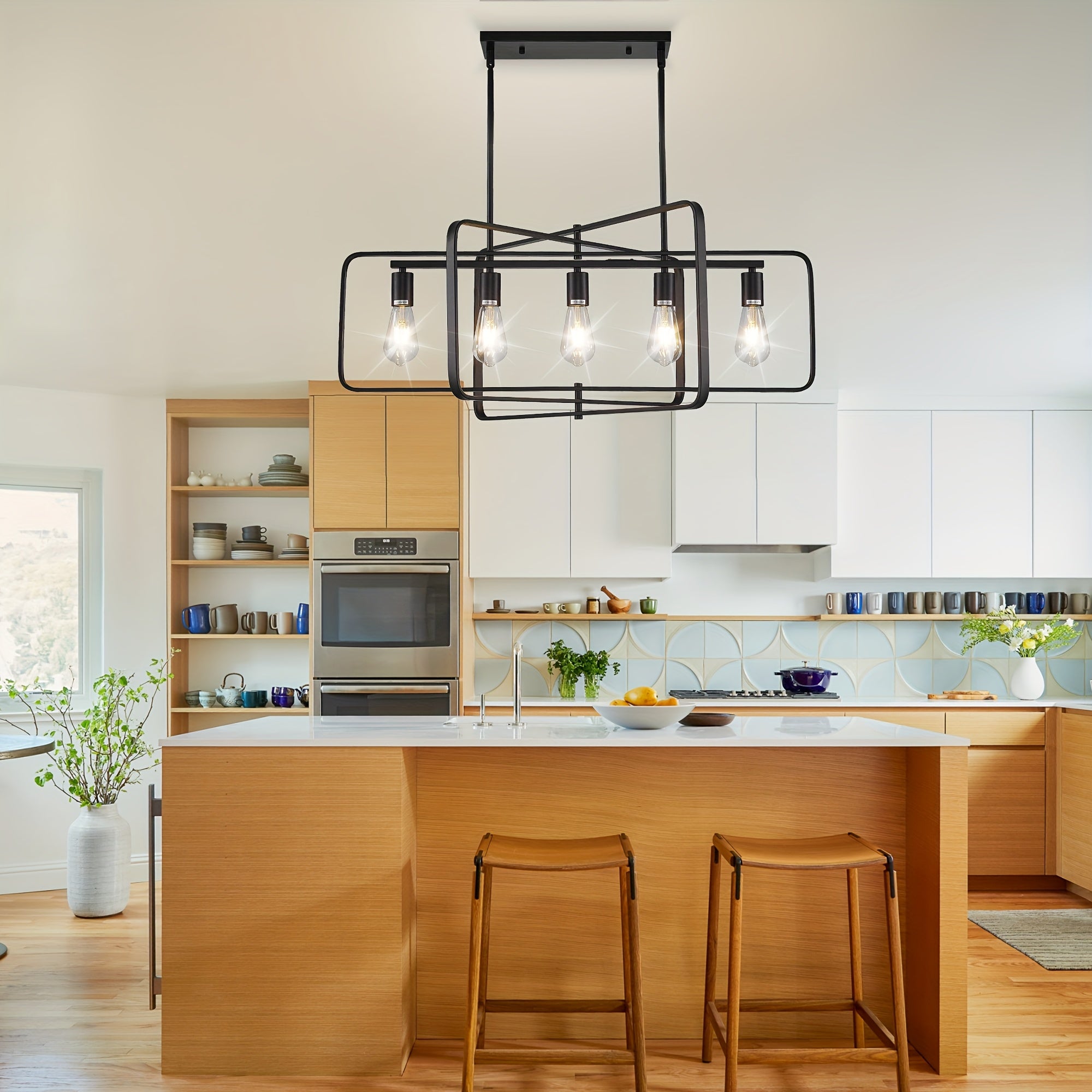 Modern farmhouse style 5-light pendant light, 34-inch rotatable rectangular kitchen island pendant light