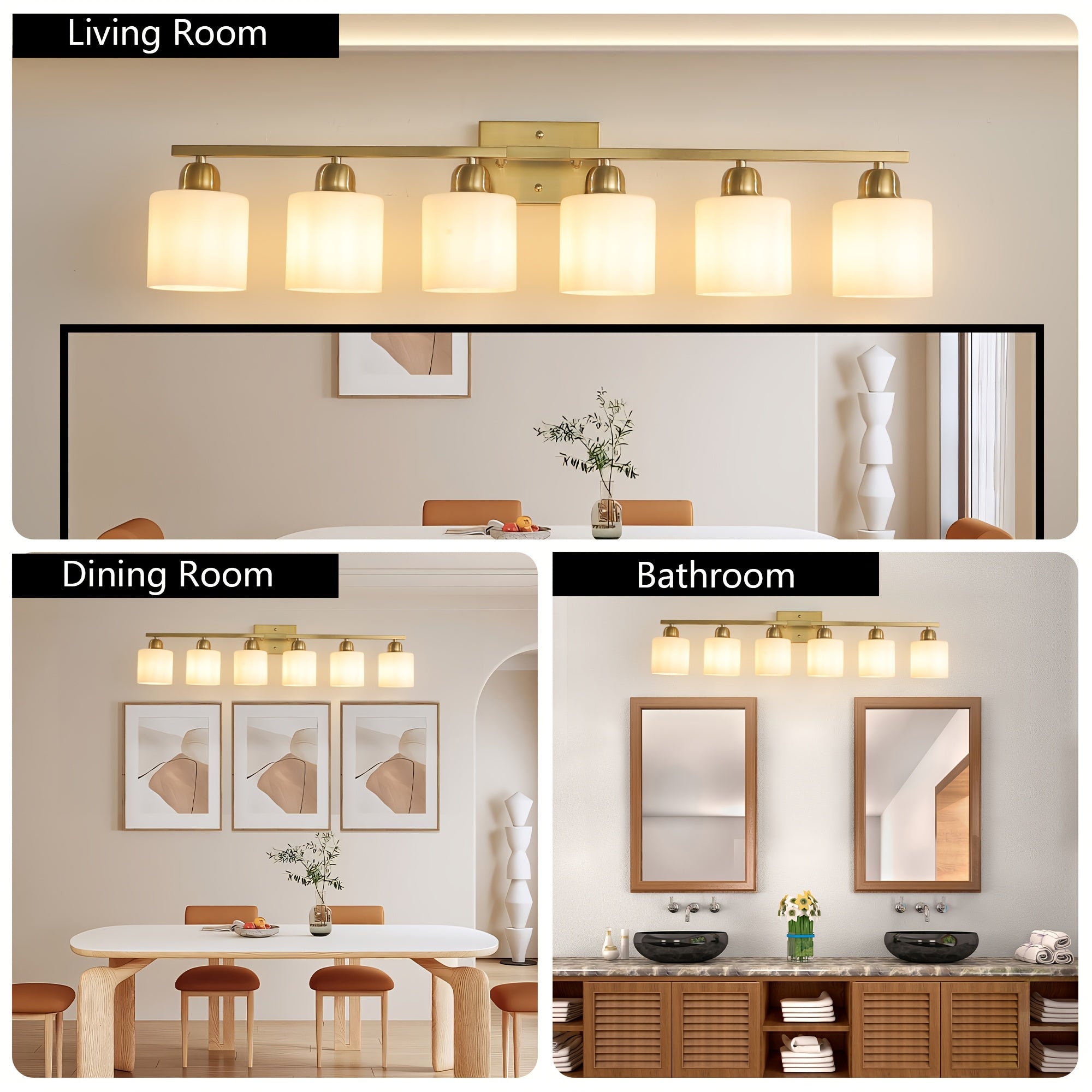 38-Inch 6-Light Bathroom Mirror Light Fixture (Copper), Stylish Modern Bathroom Wall Light, Wall-Mounted Lighting with Metal Frame and White Jade Glass Shade, Perfect for Mirror, Bedroom, Living Room and Hallway (E26 Bulb Base, Bulb Not Included)