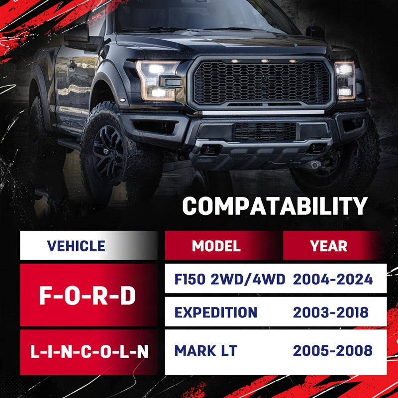 Suspension Lift Kit Material: 6061 Aluminum, Fitment: 2004-2024 for Ford F150 2WD and 4WD 3" Front；OD: 149MM, ID: 77.7MM, Thickness: 50MM. PCD: 3X117-3X117. Includes: M10*1.5*40 Hex Socket Screws x6, M10*1.5 Lock Nuts x6