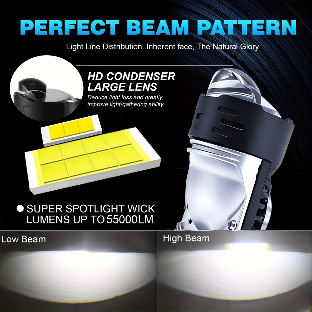 2-Pack H4 LED Projector Lens Car Headlight Bulbs 60000 Lumens 280W 8570 CSP Canbus Turbo Light High/Low Beam Dual Mode 12V Plug-and-Play Aluminum Housing with Fast Cooling Fan H4 Auto Headlight