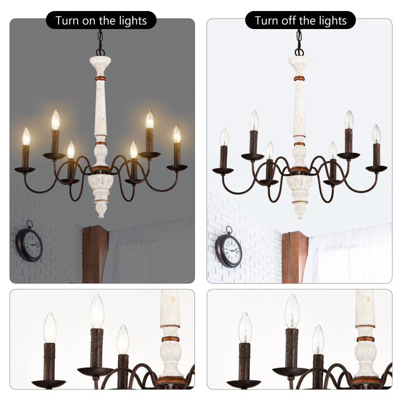 Vintage white and rust finish pendant light, with 6-light E12 sockets, bulbs not included, suitable for dining room, foyer, kitchen, bedroom, living room, conference room and home office