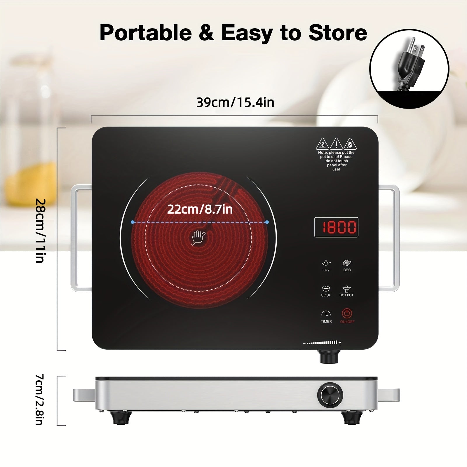 110V Portable Electric Hot Plate, Infrared Heating Plate, Knob Control, Single Burner Countertop Stove with Handle, 3-Hour Timer, Compatible with All Types of Cookware