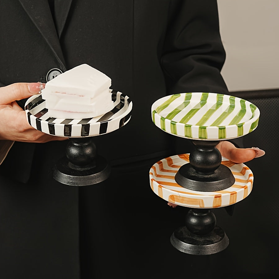 1 Piece Hand-Painted Vintage Japanese Striped Ceramic Plate – Multi-Color Dessert & Appetizer Dish, Unique Footed Design, Perfect for Pudding & Home Kitchen Décor