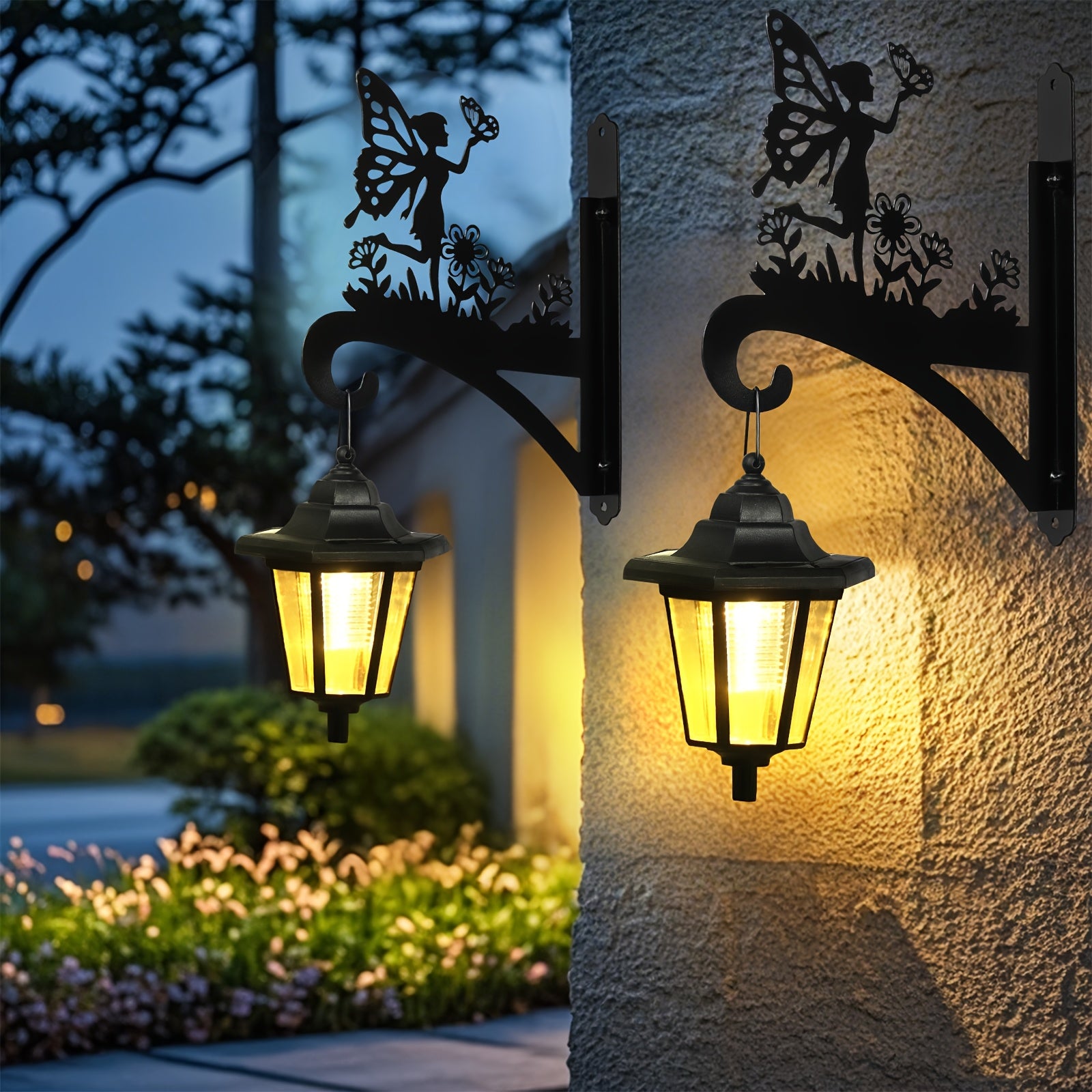 OTDECOR 2-Pack Outdoor Hook Wall Light with LED Lantern, IPX4 Butterfly Flower Fairy Silhouette Iron Wall Decoration, Suitable for Balcony, Courtyard, Walkway Decoration, Ideal Choice for Outdoor Decoration.
