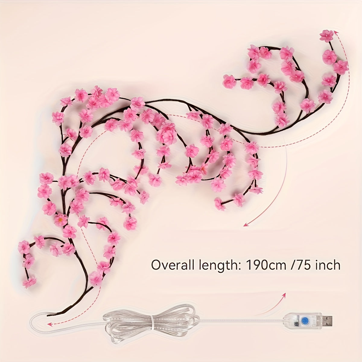 1件 72LEDS/96LEDS/144LEDS樱花藤条灯，发光的樱花树枝灯，可弯曲的樱花藤蔓灯，LED树枝灯，8种闪烁模式，USB供电，DIY，室内氛围装饰灯，适用于卧室，客厅，墙壁，派对，节日，婚礼等氛围装饰，室内灯串，节日装饰灯