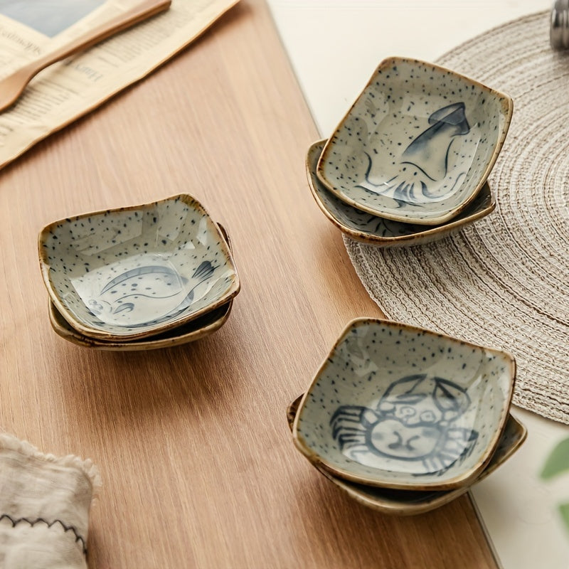6pcs Cartoon Archaistic Square Ceramic Sauce Dish, Dip Dish, Soy Sauce Dish, Sushi Dish