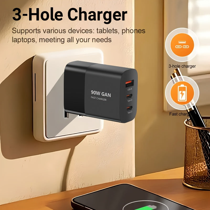 90W 3-port Fast Charging USB-C Charger, American Plug, Portable Charging Set
