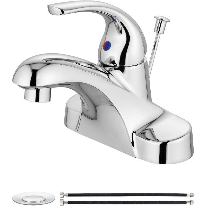 Bathroom Faucet 4" Centerset - Single Handle Lavatory Faucet with Supply Lines & Pop-Up Drain Assembly, Polished Chrome, Plumbing Supplies, Bathroom Accessories, Modern Bathroom, High-Quality Valve, Commercial Bathroom, Modern Homeowner
