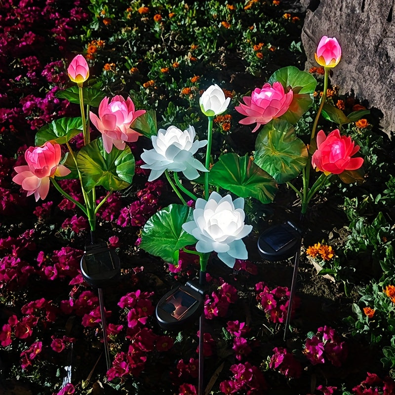 1个升级版3LED大花太阳能粉白莲花灯，适用于节日场景装饰、花园庭院草坪灯、节日氛围、草坪装饰、装饰性太阳能灯、花卉灯设计、低压装饰、耐用金属表面、装饰照明、活动策划者、节日购物者