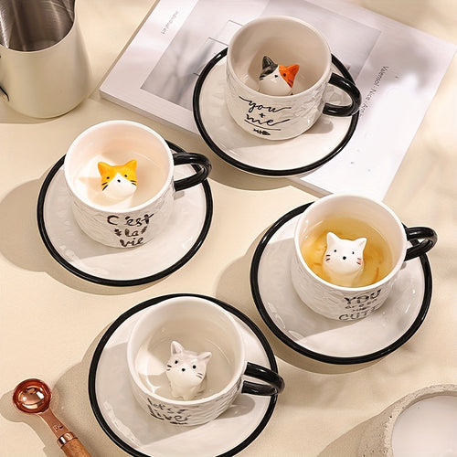 1pc 200ml / 6.7oz Japanese Cute Ceramic Hidden 3D Cat Cup & Saucer, Hand-Painted Under-Glaze Adorable Cat Cup, Breakfast Cup, Afternoon Tea Cup Set, Birthday & Holiday Gift for Cat Lovers