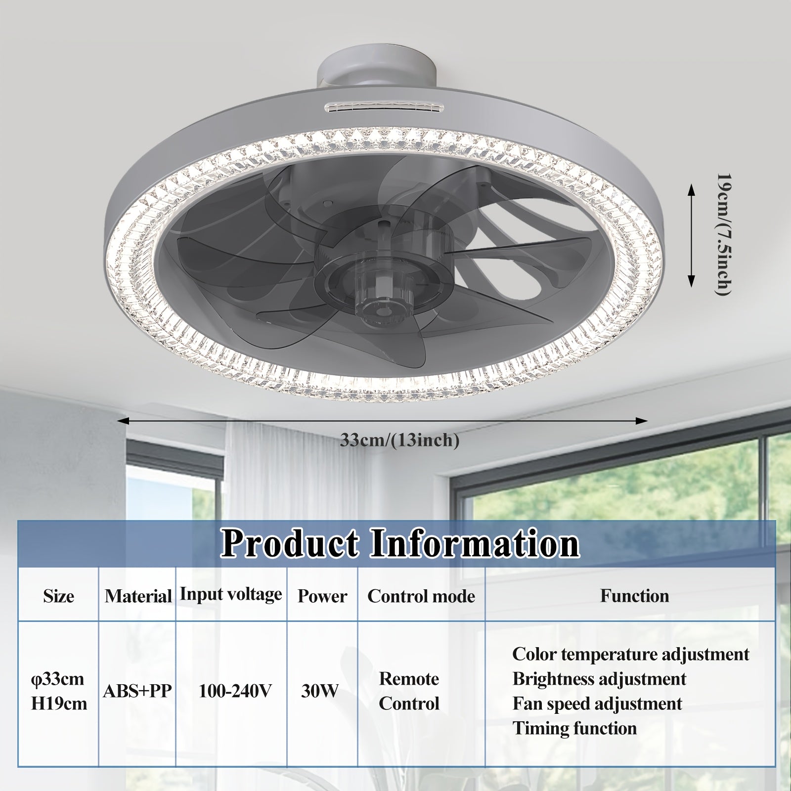 13" Smart Modern Ceiling Fan with Light and Remote, E26/E27 Base Easy Install Socket Fan Light, 3-Speed Adjustable, 3000-6500K Dimmable LED, for Bedroom, Kitchen, Living Room, Storage Room
