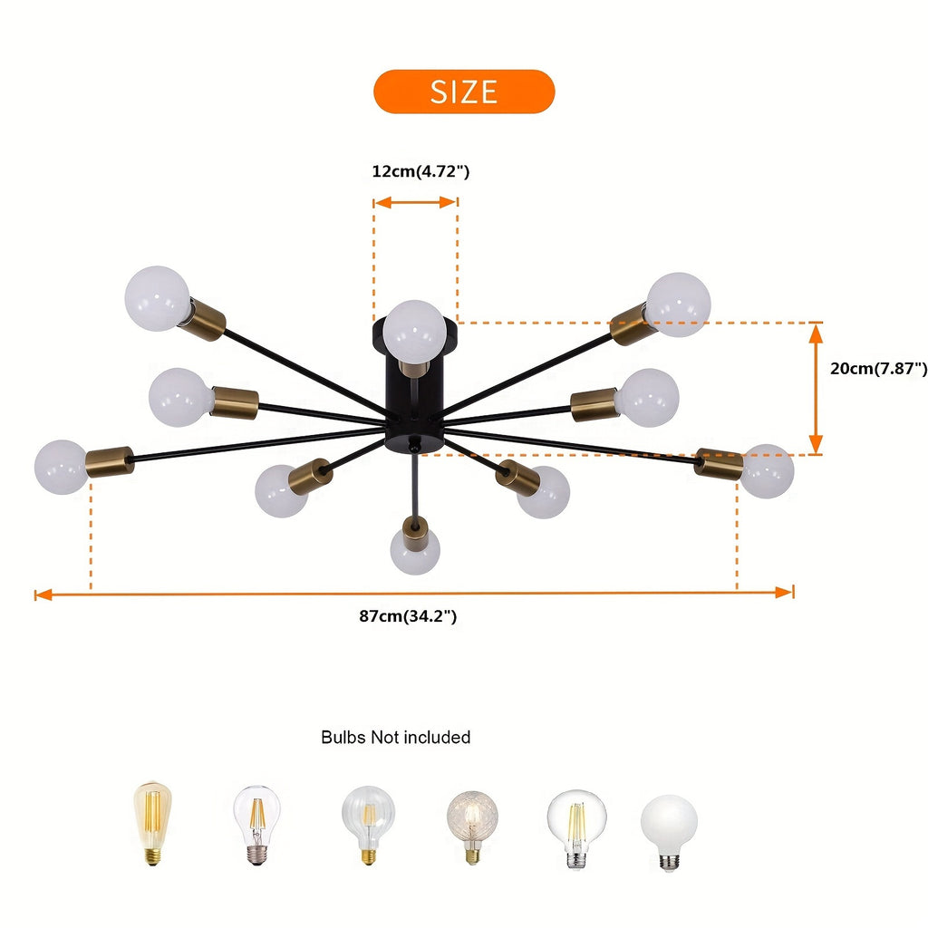 Enkel 10-Head Modern Industrial Style Satellite Pendant Light - Black Gold Semi-Flush Mount Ceiling Light, 38-Inch Wide Hardwired Pendant Light with Dimmable Function (Compatible with E26/E27 Sockets), Suitable for Living Room, Kitchen, Bedroom