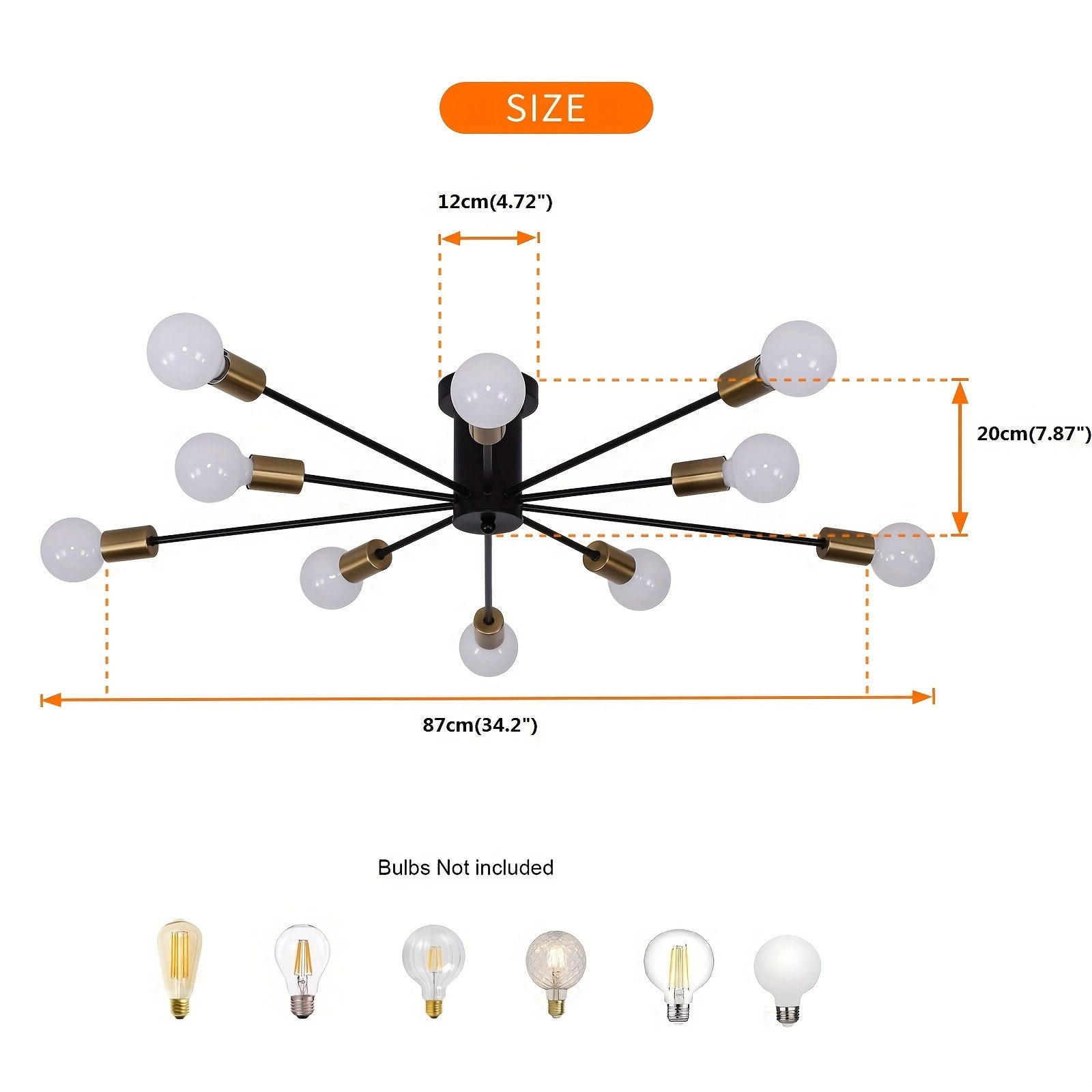 Enkel 10-Head Modern Industrial Style Satellite Pendant Light - Black Gold Semi-Flush Mount Ceiling Light, 38-Inch Wide Hardwired Pendant Light with Dimmable Function (Compatible with E26/E27 Sockets), Suitable for Living Room, Kitchen, Bedroom
