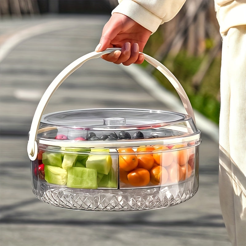 Clear Divided Vegetable Serving Tray with Lid & Dip Section – Rotating Fruit Platter for Parties, Outdoor Picnics, Catering, Takeout & Food Delivery – Ice Cold Handled Basket for Fridge – Perfect for Snacks