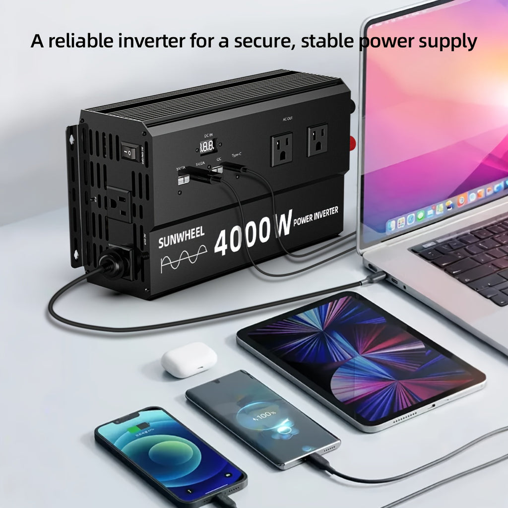 纯正波5000W 4000W 110V车载电源逆变器，快速充电，数字电压显示，智能快速充电，5000W大功率变压器-车载3个USB插头，1个Type-C插头，适用于汽车，家庭，笔记本电脑，卡车，美规插座