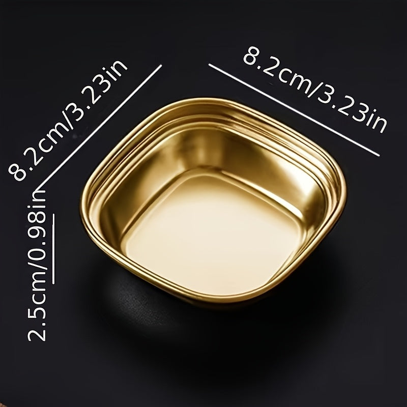 1Pc Golden Compartment Stainless Steel Sauce Plate, Dinner Plate, Salt Vinegar Sugar Seasoning Dipping Bowl
